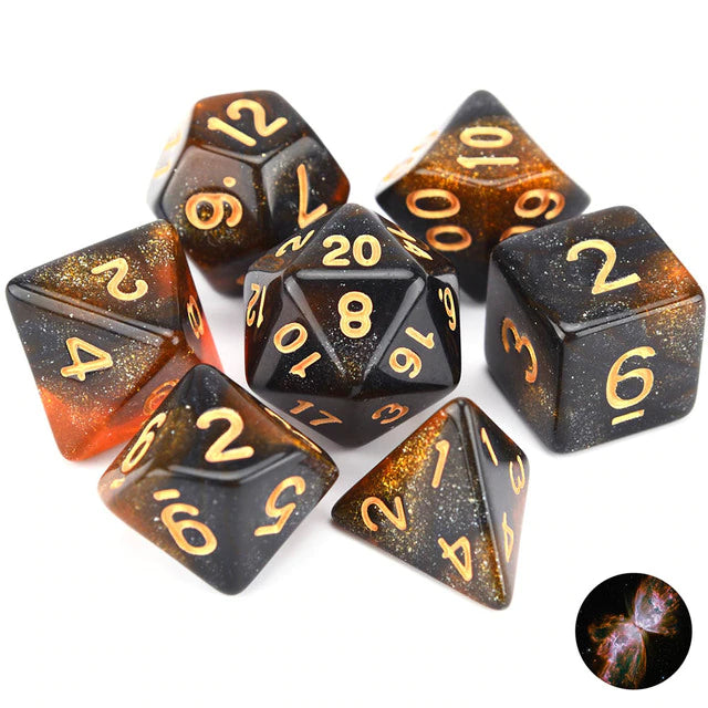 Conjunto de Dados para Rpg Nebula Glitter Marrom com Preto com N° Dourado Conjunto de Dados para Rpg Nebula Glitter Marrom com Preto com N° Dourado